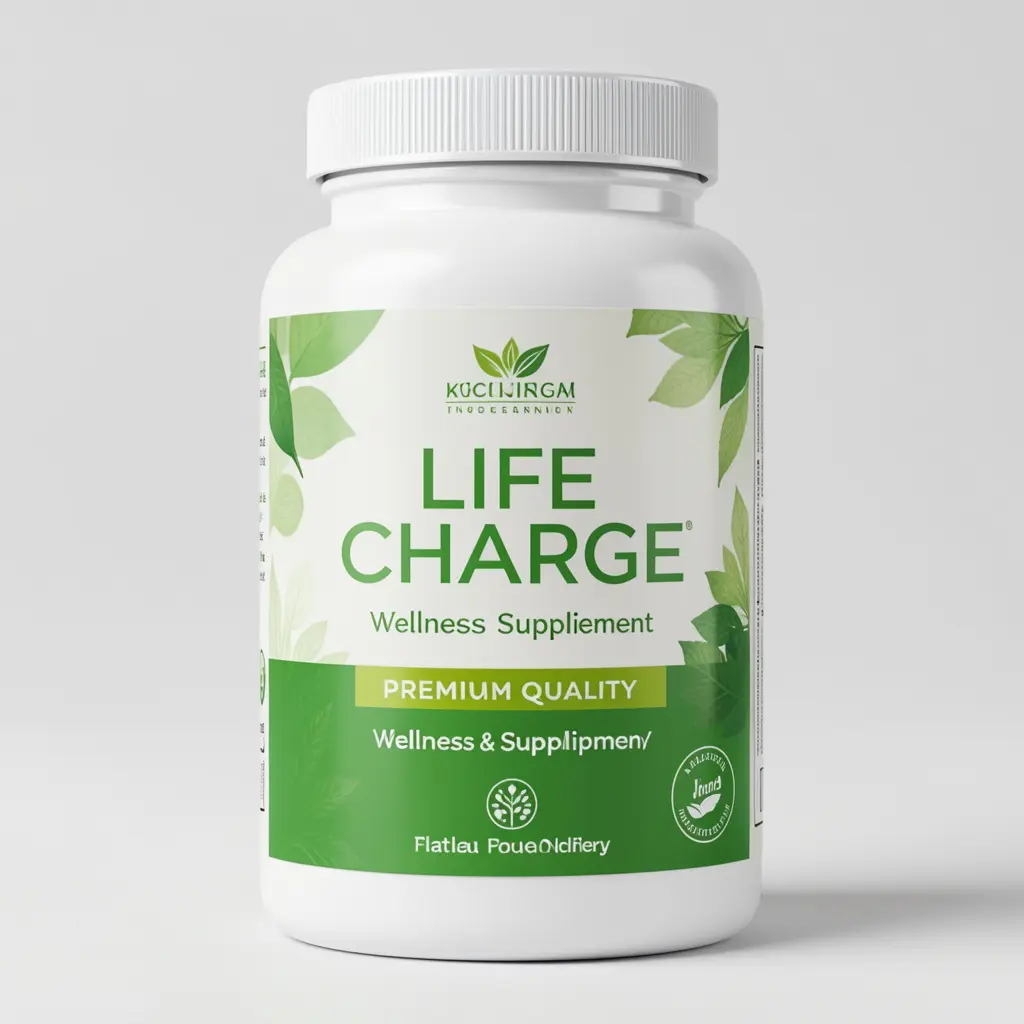 Life Charge wellness supplement bottle with natural green label, showcasing the premium quality packaging